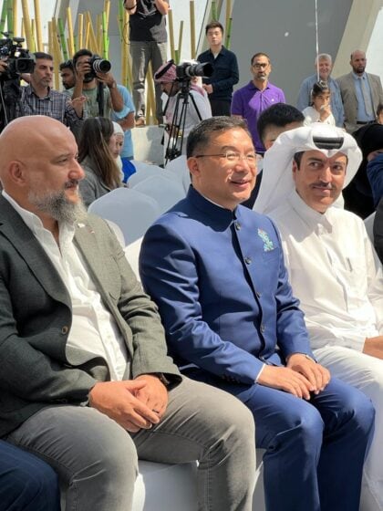 Left to right: the vice-president of mat mr. Erdem akartepe, the chinese ambassador to qatar, mr zhou jian and mr mohamed al khoori, director of the public parks department.